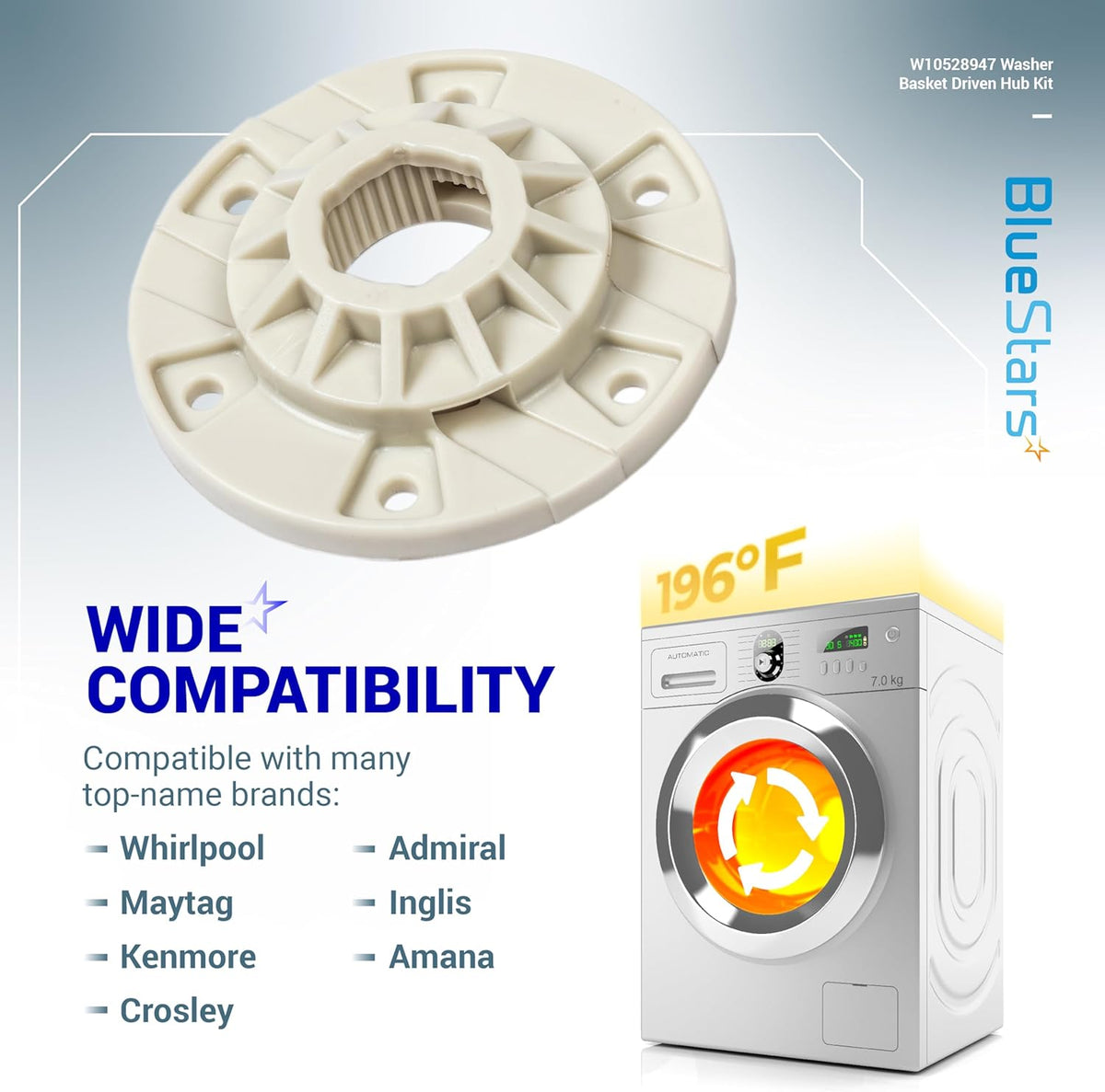 W10528947 washer basket driven hub replacement part for Whirlpool, Maytag, and Kenmore washing machines.