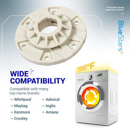 W10528947 washer basket driven hub replacement part for Whirlpool, Maytag, and Kenmore washing machines.