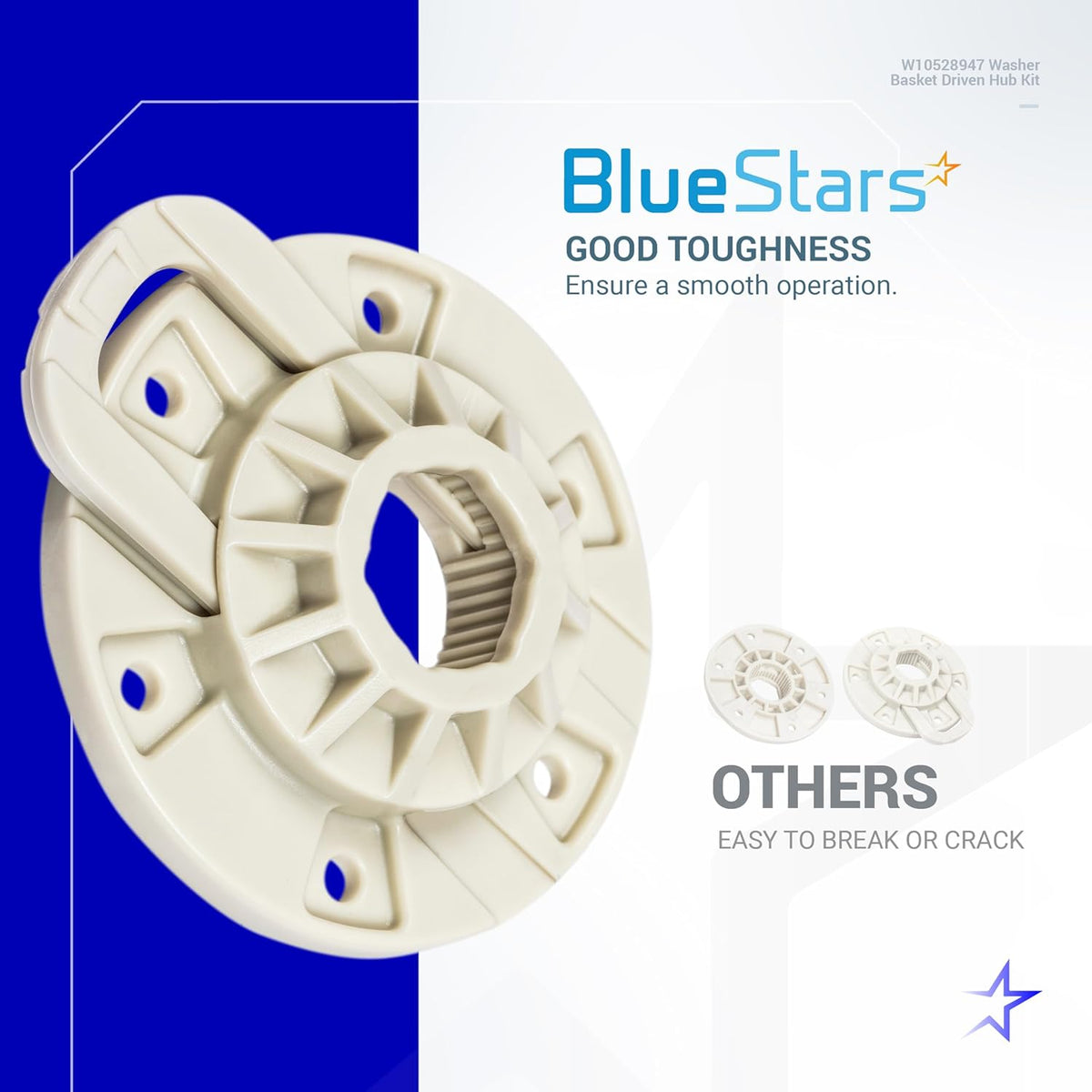 Close-up of W10528947 washer basket driven hub replacement part for Whirlpool, Maytag, and Kenmore washing machines.
