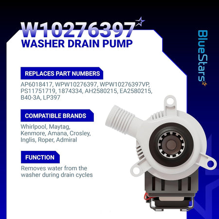 W10276397 washer drain pump information graphic showing compatible brands and replacement part numbers.