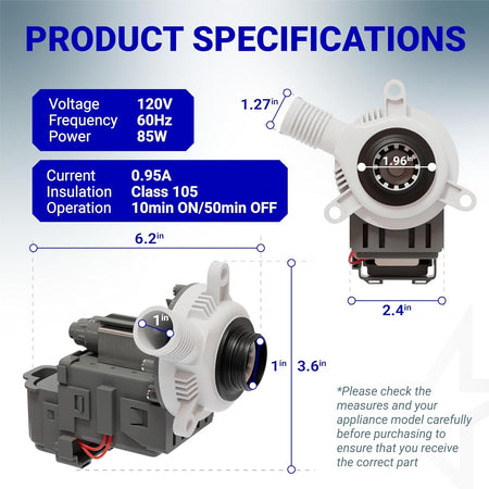 W10276397 washer drain pump technical specification diagram with dimensions and electrical ratings.