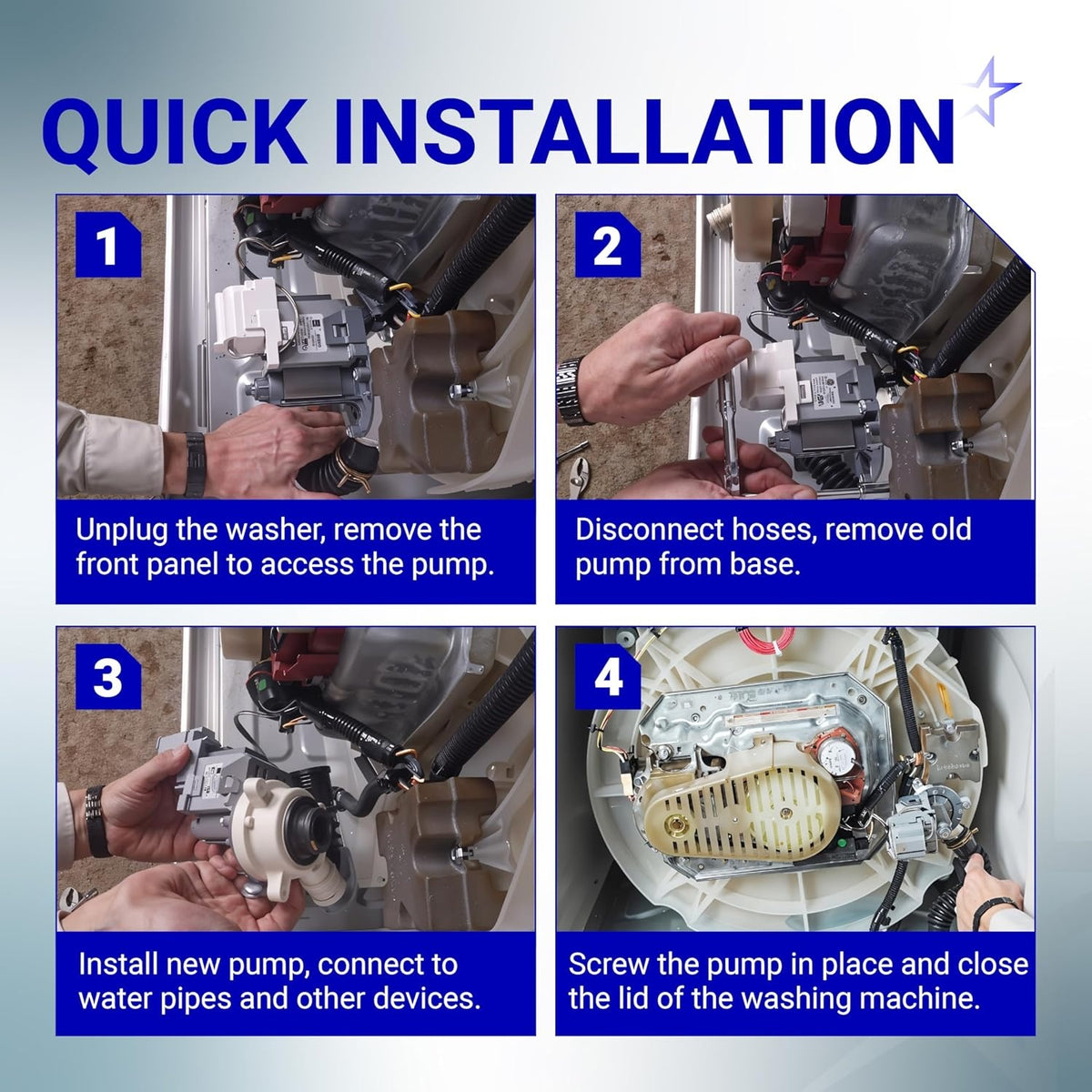 Four-step installation guide for W10276397 washer drain pump showing removal and replacement process.
