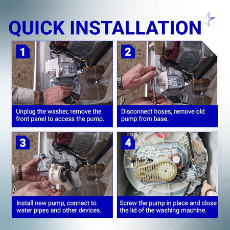 Four-step installation guide for W10276397 washer drain pump showing removal and replacement process.