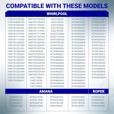 Compatibility chart for W10276397 washer drain pump listing Whirlpool, Amana, and Roper washing machine models.