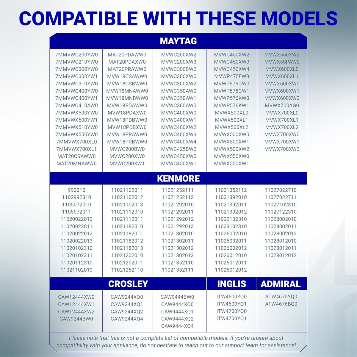 Compatibility chart for W10276397 washer drain pump listing compatible Maytag, Kenmore, Crosley, Inglis, and Admiral models.