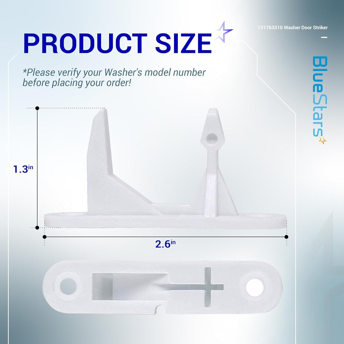 Dimensional diagram of 131763310 washer door striker showing 1.3-inch height and 2.6-inch width.