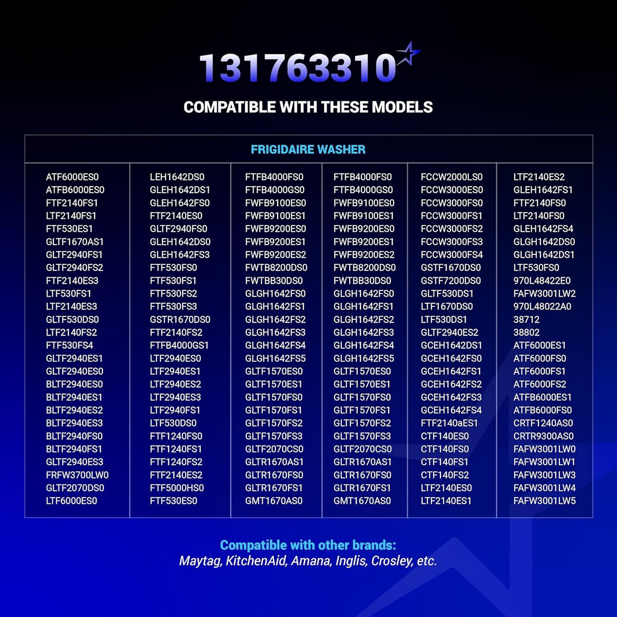 Compatibility chart for 131763310 washer door striker listing compatible Frigidaire and Kenmore washer models.