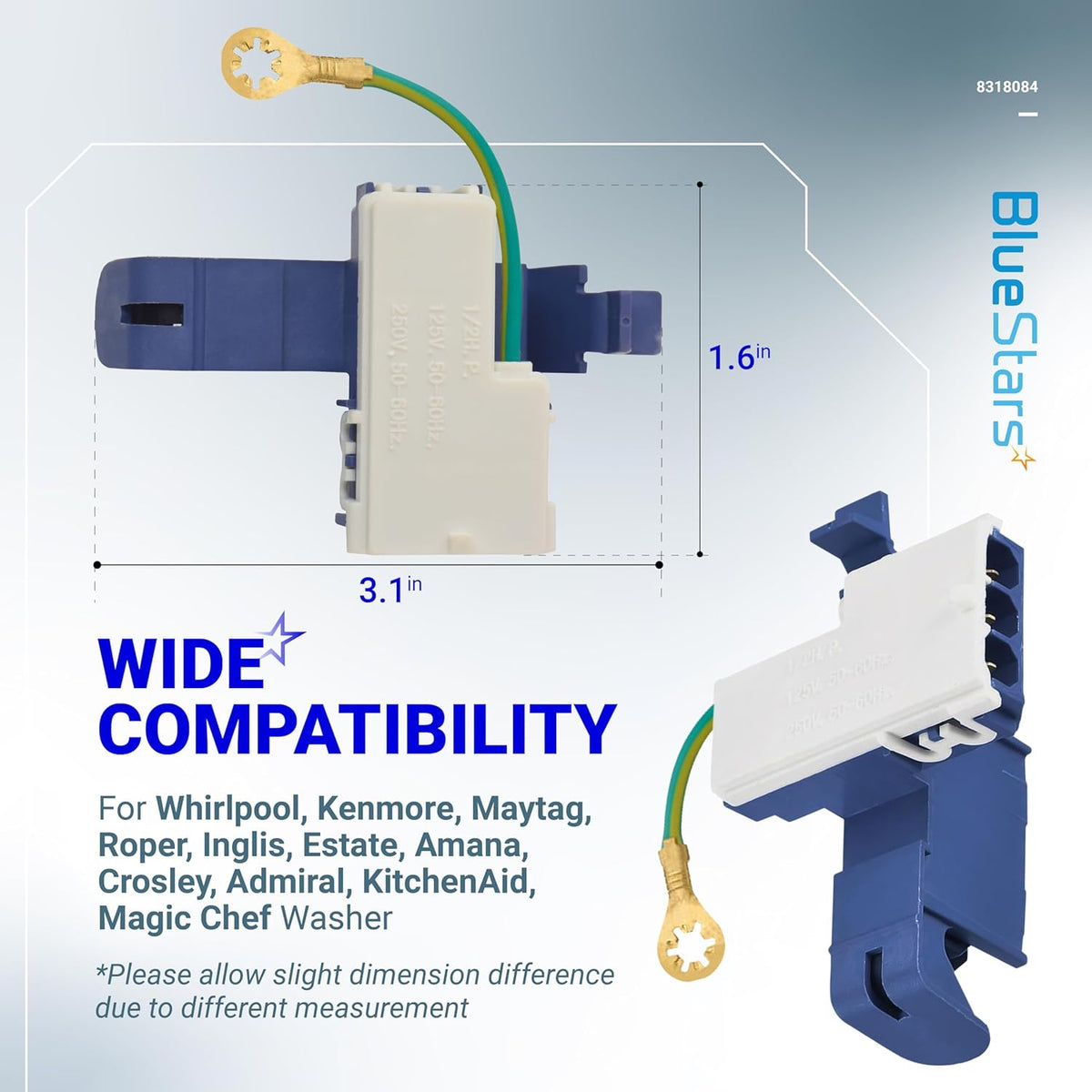 8318084 washer door lid switch showing dimensions and compatibility for Whirlpool, Kenmore, and Roper appliances.