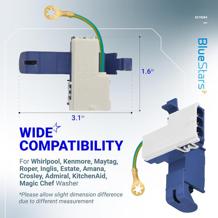 8318084 washer door lid switch showing dimensions and compatibility for Whirlpool, Kenmore, and Roper appliances.