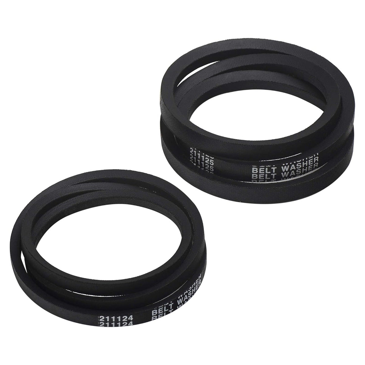 Set of two black replacement washer drive belts for Whirlpool, Maytag, and Jenn-Air washing machines.