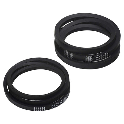 Set of two black replacement washer drive belts for Whirlpool, Maytag, and Jenn-Air washing machines.