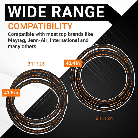 Comparison chart of 211124 and 211125 washer belt assembly sizes for Whirlpool, Maytag, and Jenn-Air washers.