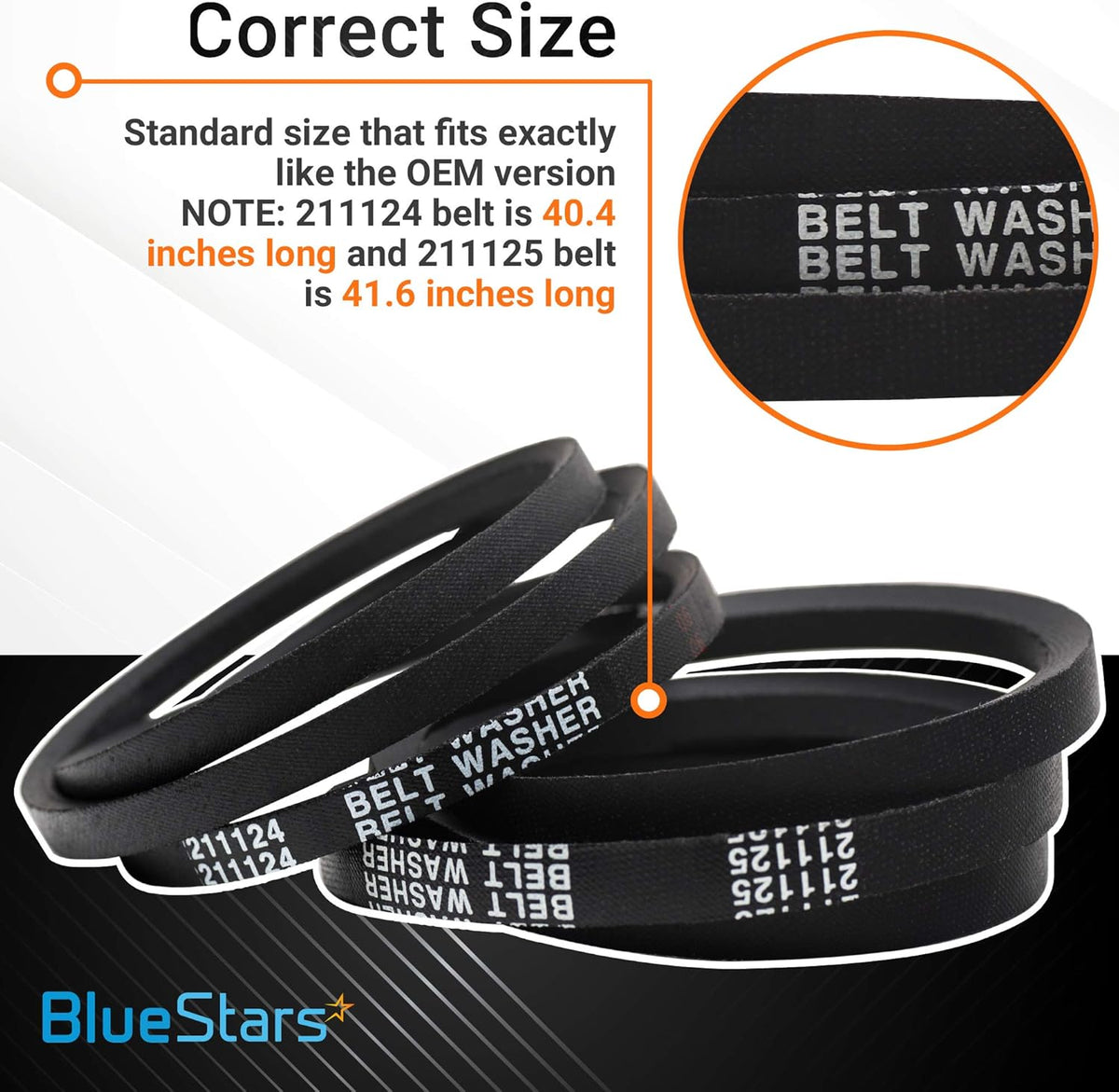 211124 and 211125 washer belt assembly showing size comparison and close-up of belt markings for Whirlpool washers.