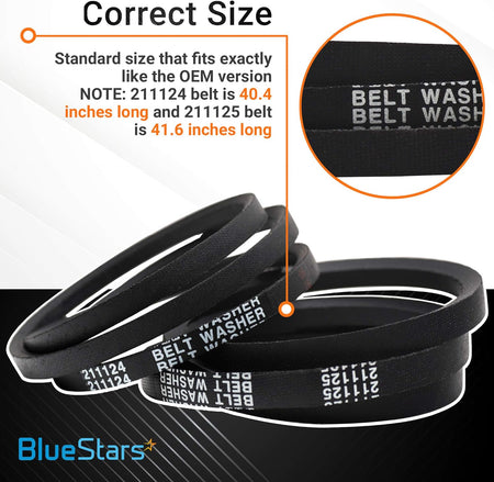 211124 and 211125 washer belt assembly showing size comparison and close-up of belt markings for Whirlpool washers.