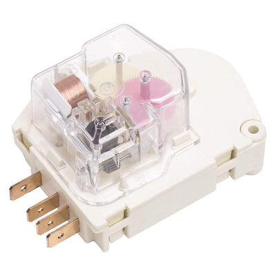Refrigerator defrost timer replacement part with clear plastic cover and visible internal gears.