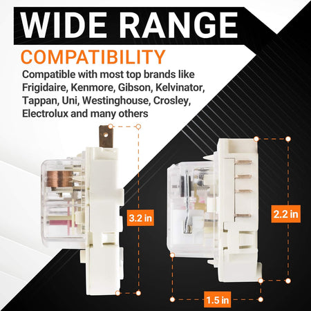 Refrigerator defrost timer replacement dimensions and compatibility chart for Frigidaire and Kenmore appliances.