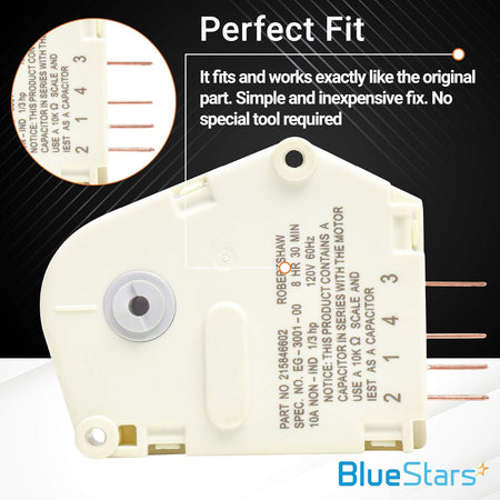 Close-up of 215846602 refrigerator defrost timer showing terminal pins and technical specifications label.