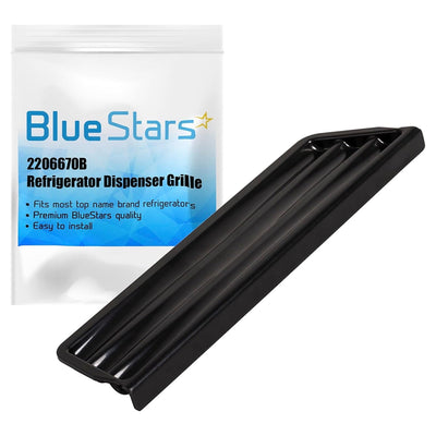 Black refrigerator dispenser drip tray grille 2206670B in BlueStars packaging.