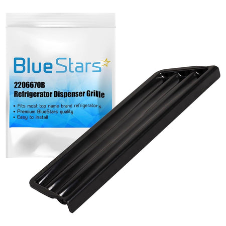 Black refrigerator dispenser drip tray grille 2206670B in BlueStars packaging.