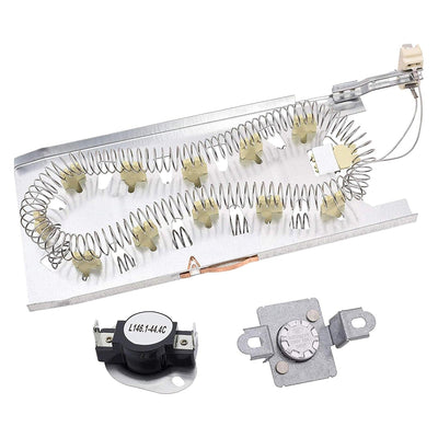 Dryer heating element assembly with thermal cut-off and thermostat for Whirlpool, Kenmore, and Maytag dryers.