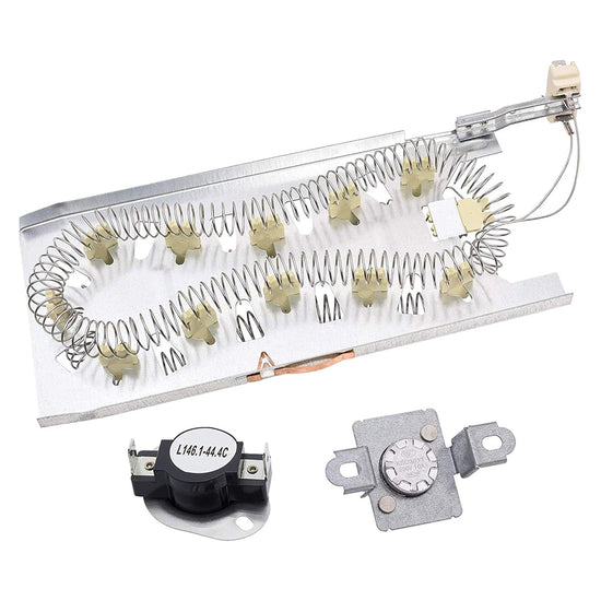 Dryer heating element assembly with thermal cut-off and thermostat for Whirlpool, Kenmore, and Maytag dryers.