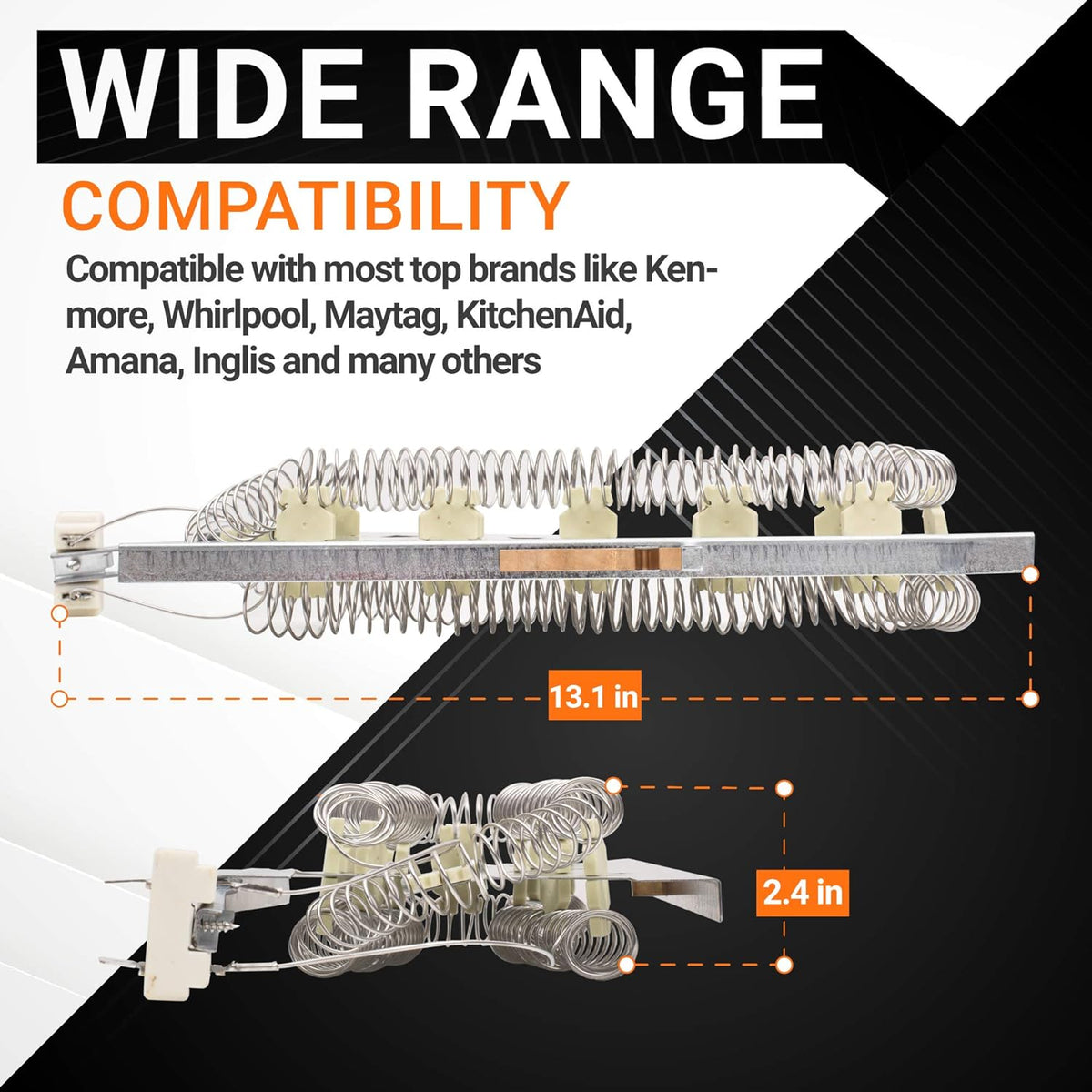 Dryer heating element showing 13.1-inch length and 2.4-inch width dimensions for Whirlpool and Kenmore compatibility.