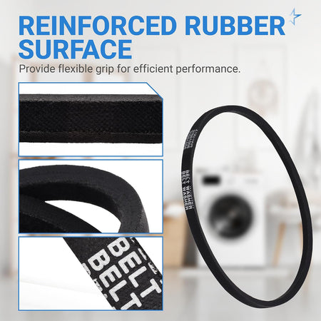 27001006 Washer Drive Belt showing a reinforced rubber surface with close-up views of the belt texture
