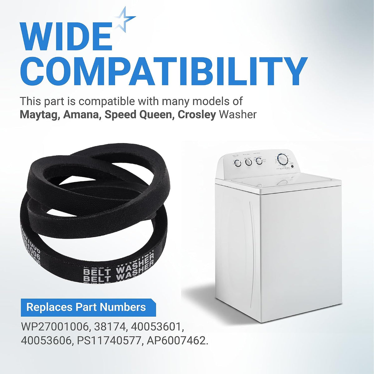 27001006 Washer Drive Belt compatibility graphic showing the belt, a top-load washer, and replacement part numbers