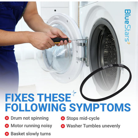 27001006 Washer Drive Belt, loose belt beside an open front-load washer with technician and symptom list