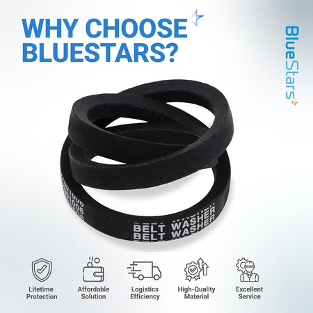 27001006 Washer Drive Belt shown in a Bluestars marketing graphic with product-quality and service icons