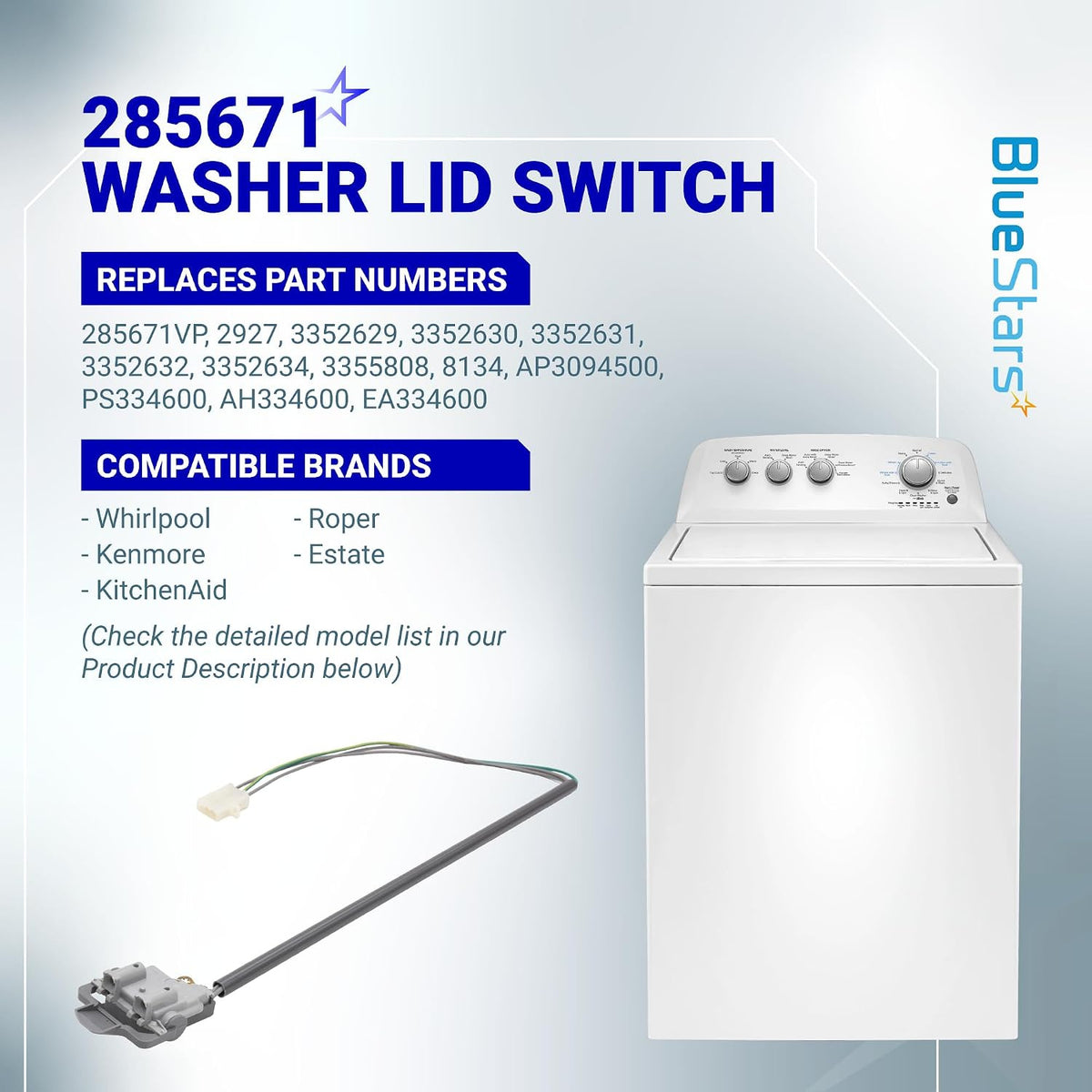 285671 Washer Lid Switch, product graphic showing the switch beside a top-load washer