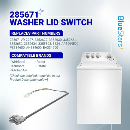 285671 Washer Lid Switch, product graphic showing the switch beside a top-load washer