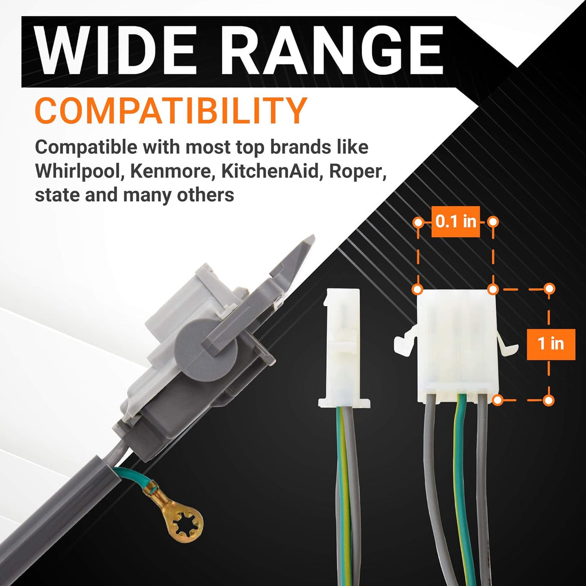 Infographic showing dimensions and wide compatibility for 285671 washer lid switch for Whirlpool and Kenmore.