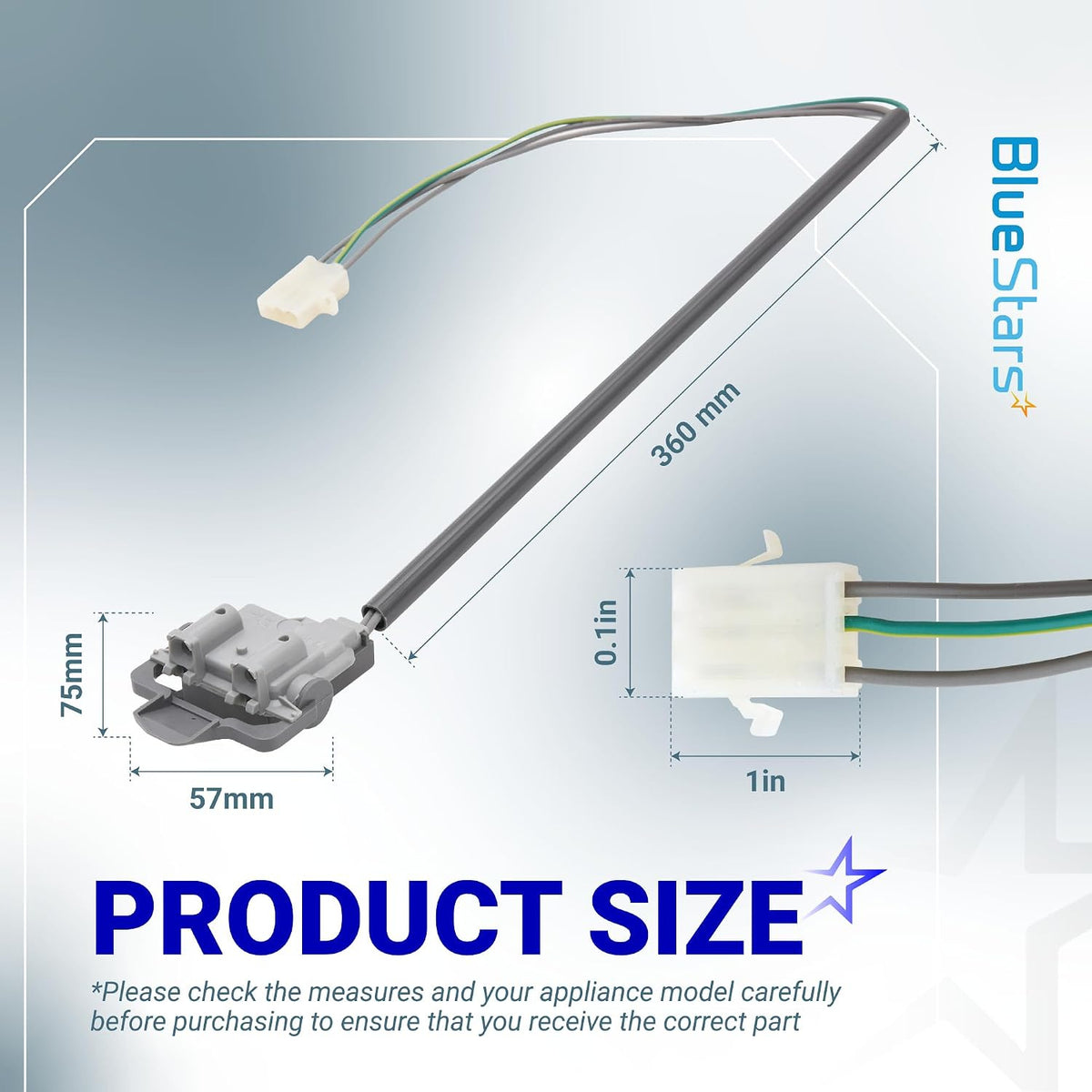 285671 Washer Lid Switch, product size diagram showing 57mm, 75mm, 360mm, 1in, and 0.11in dimensions