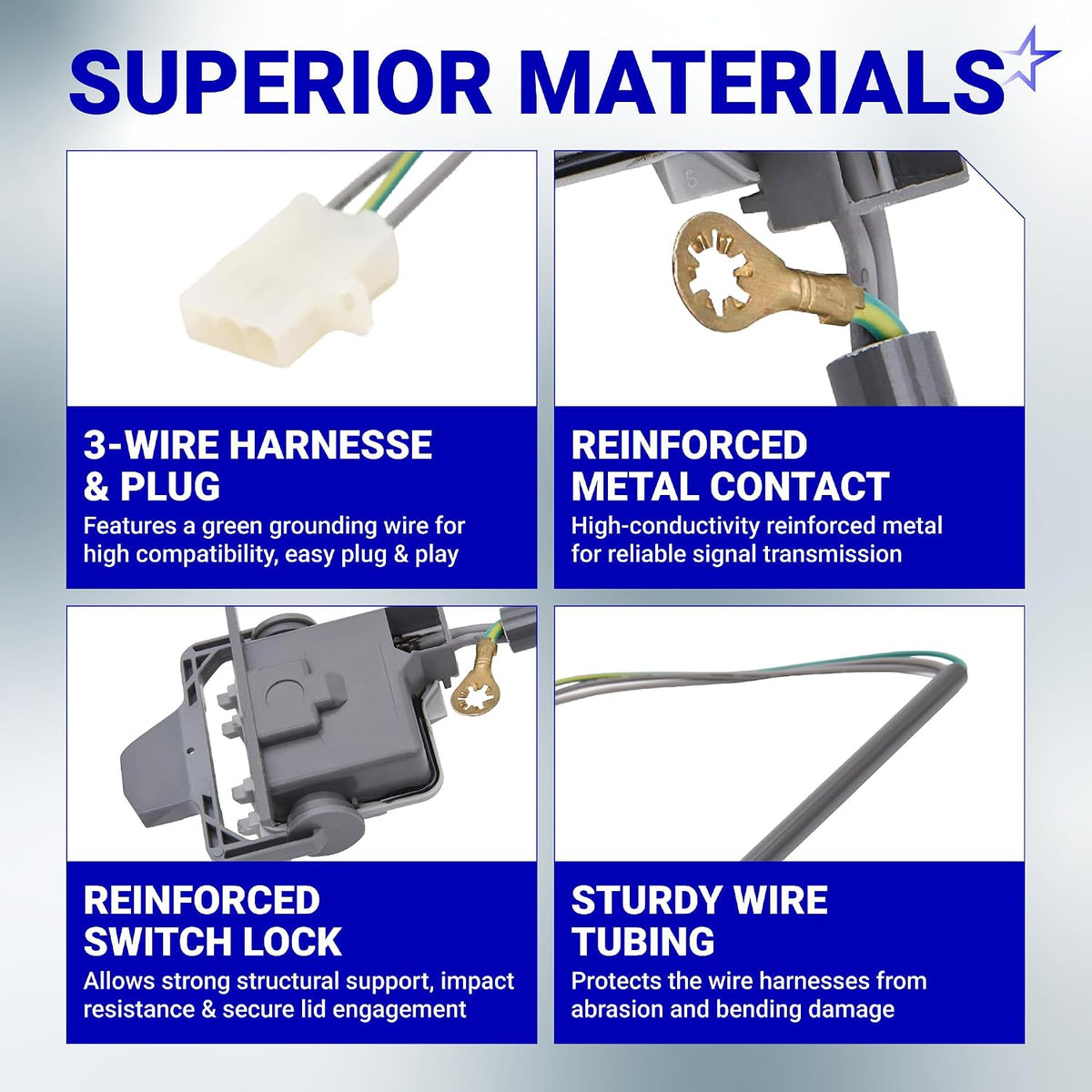 285671 Washer Lid Switch, feature graphic showing 3-wire plug, reinforced contact, switch lock, and sturdy wire tubing