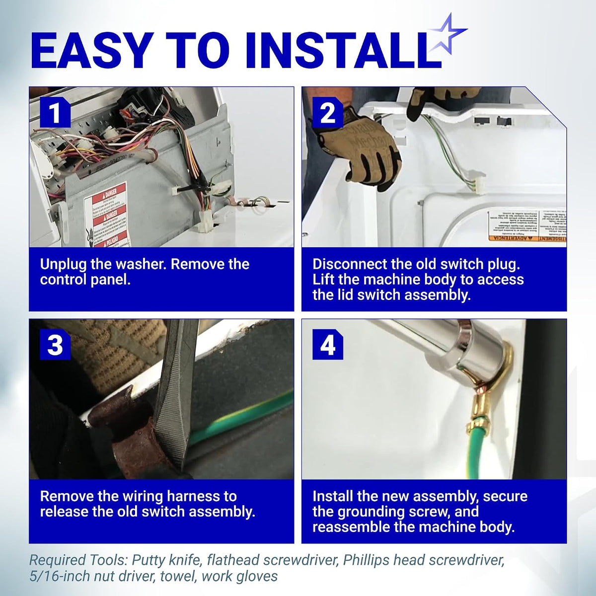 285671 Washer Lid Switch four-step installation guide showing removal of old switch and installation of new assembly