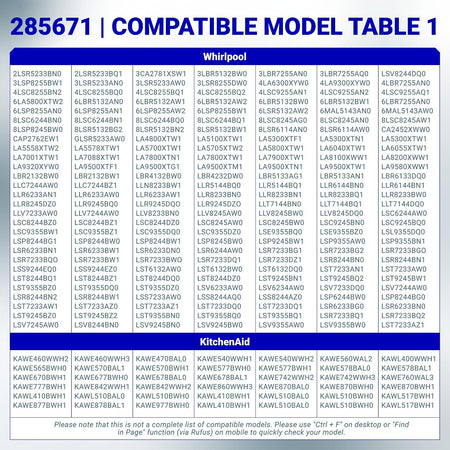 285671 Washer Lid Switch compatibility model table listing Whirlpool and KitchenAid models