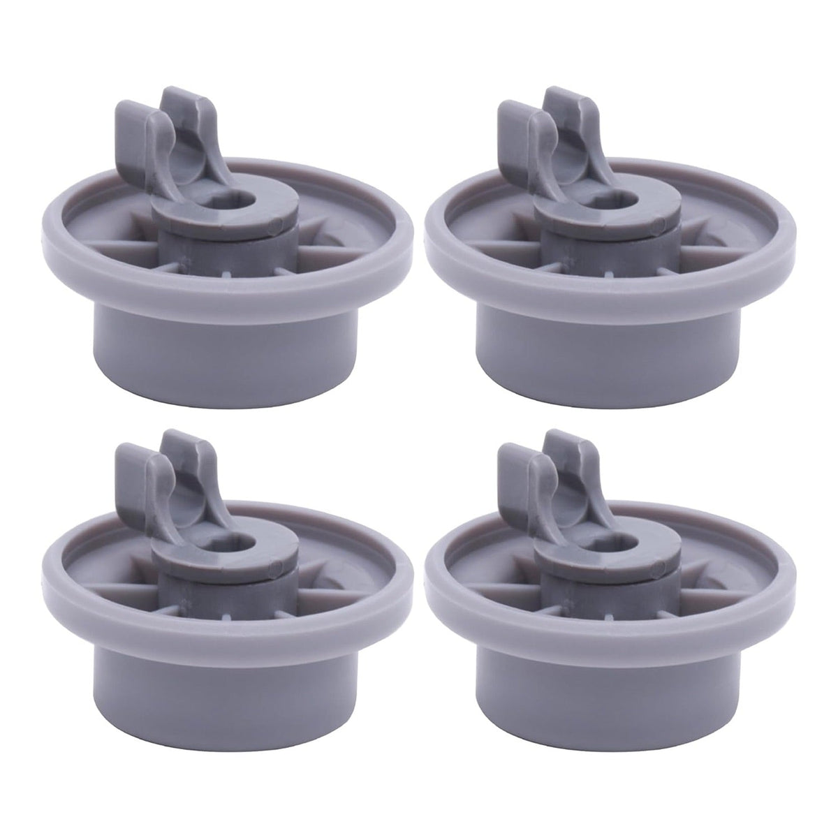 Set of four grey dishwasher lower rack wheels compatible with Bosch and Kenmore dishwashers.