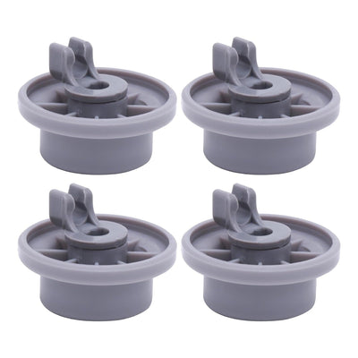 Set of four grey dishwasher lower rack wheels compatible with Bosch and Kenmore dishwashers.