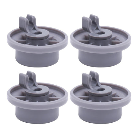 Set of four grey dishwasher lower rack wheels compatible with Bosch and Kenmore dishwashers.