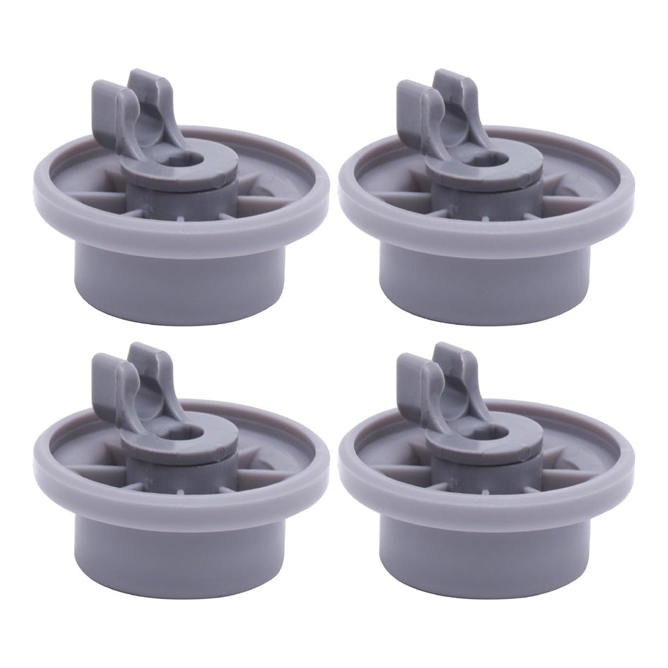 Set of four grey dishwasher lower rack wheels compatible with Bosch and Kenmore dishwashers.