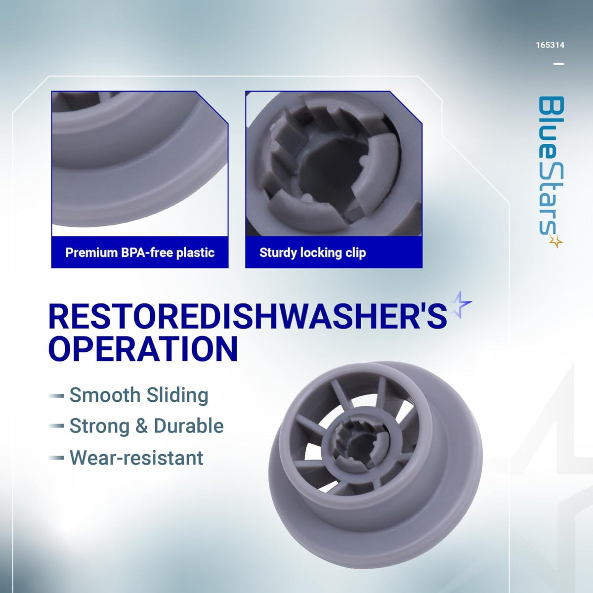 Infographic showing 165314 dishwasher lower rack wheel features, including BPA-free plastic and sturdy locking clip.