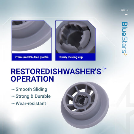 Infographic showing 165314 dishwasher lower rack wheel features, including BPA-free plastic and sturdy locking clip.