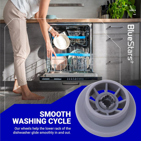 Close-up of a 165314 dishwasher lower rack wheel for Bosch and Kenmore dishwashers.