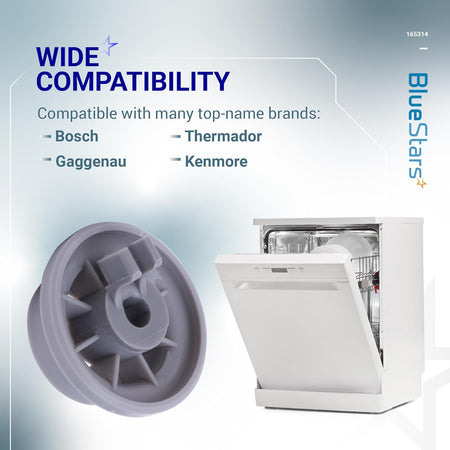165314 dishwasher lower rack wheel with compatibility chart for Bosch, Kenmore, Thermador, and Gaggenau dishwashers.