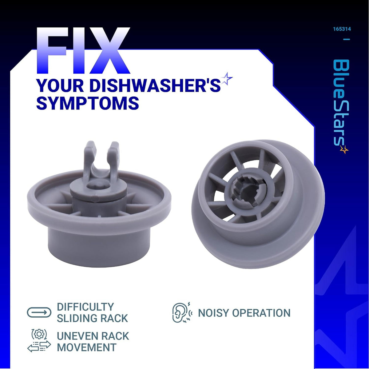 Two grey dishwasher lower rack wheels for Bosch and Kenmore dishwashers shown from side and bottom angles.