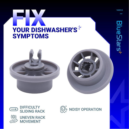 Two grey dishwasher lower rack wheels for Bosch and Kenmore dishwashers shown from side and bottom angles.