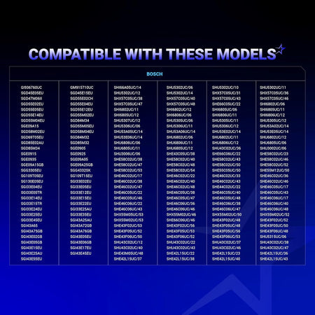 Compatibility chart for 165314 dishwasher lower rack wheel listing compatible Bosch dishwasher models.