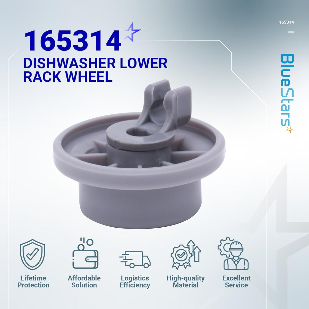 Single 165314 dishwasher lower rack wheel replacement part for Bosch and Kenmore dishwashers.