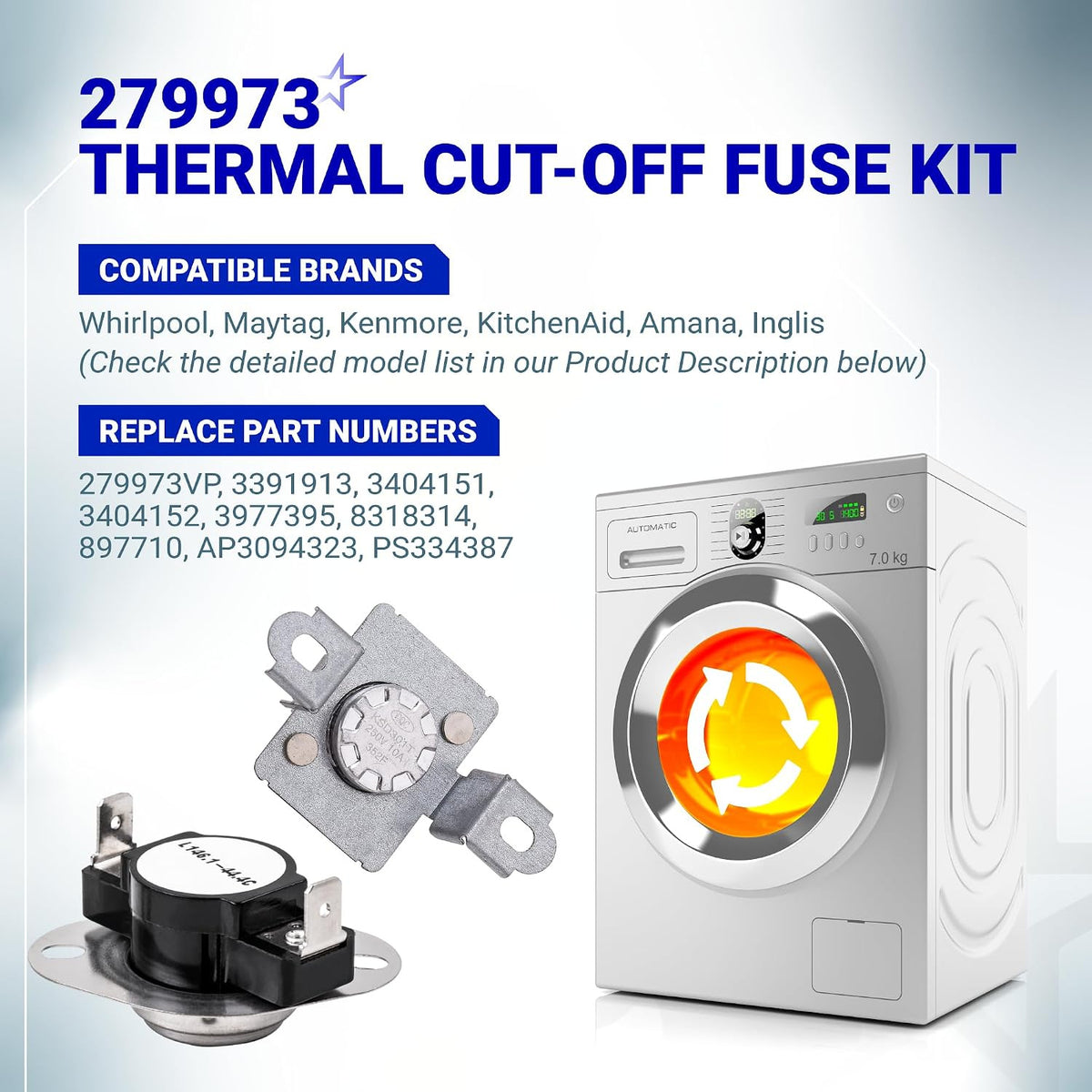 279973 Dryer Thermal Cut-Off Fuse Kit graphic showing two fuse components and a front-loading dryer